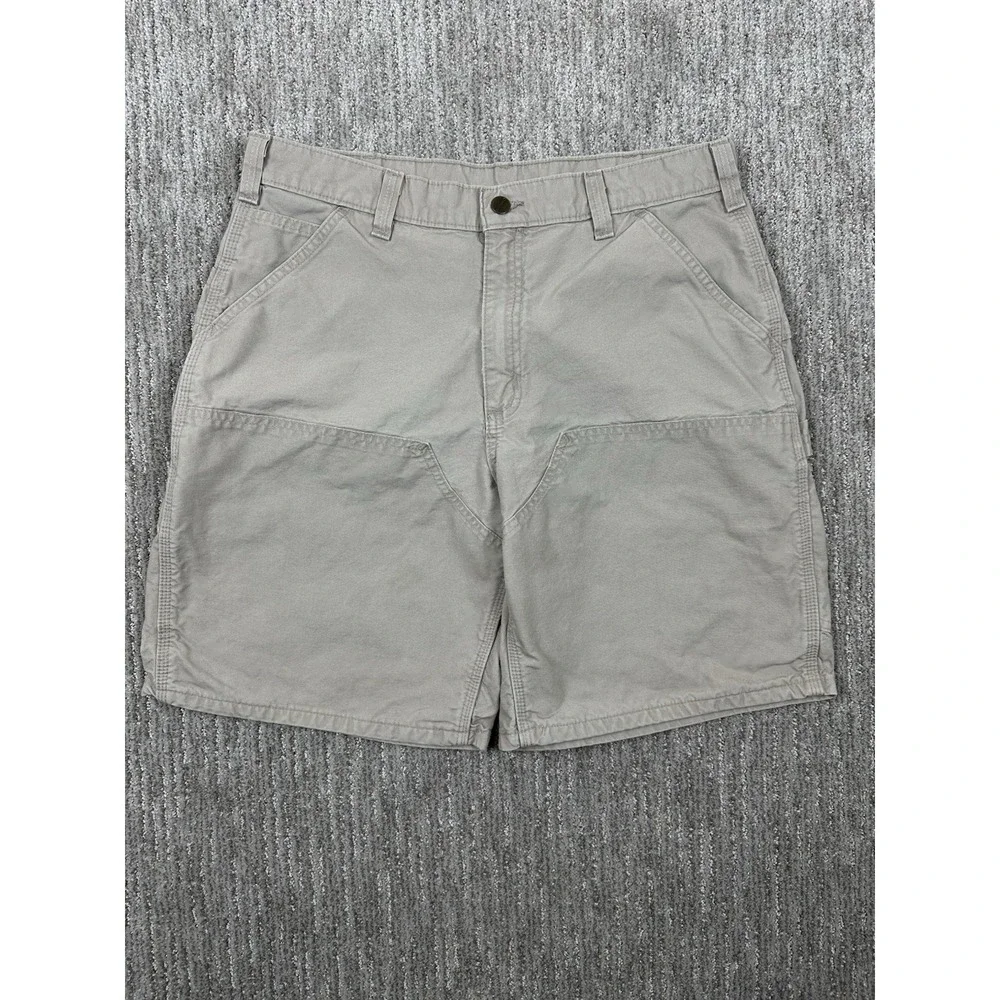 Vtg Y2K Carhartt Double Knee Carpenter Shorts Mens 34 Beige Leather Tag B201 Tan